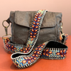 Photo of Jenny Krauss hand-embroidered wool strap from Peru. Multi-functional design serves as a bag or camera strap. Vibrant floral pattern, lead-free metal hardware, and adjustable length for versatile use. Elevate your style with this artisanal accessory.
