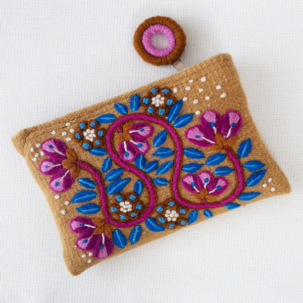 Embroidered pouch with floral design on a white background