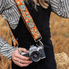 Photo of Jenny Krauss hand-embroidered wool strap from Peru. Multi-functional design serves as a bag or camera strap. Vibrant floral pattern, lead-free metal hardware, and adjustable length for versatile use. Elevate your style with this artisanal accessory.