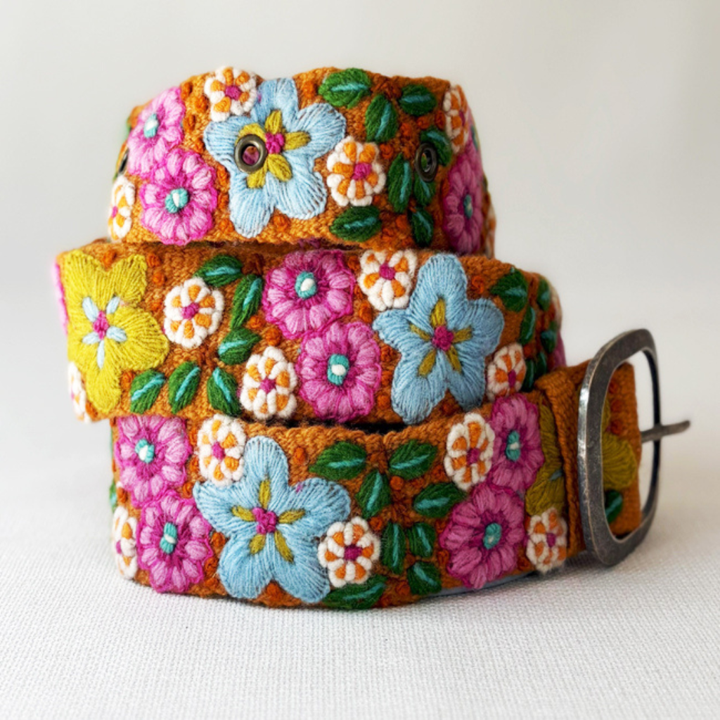 Photo of floral embroidered belt in wool with metal buckle and multi-color