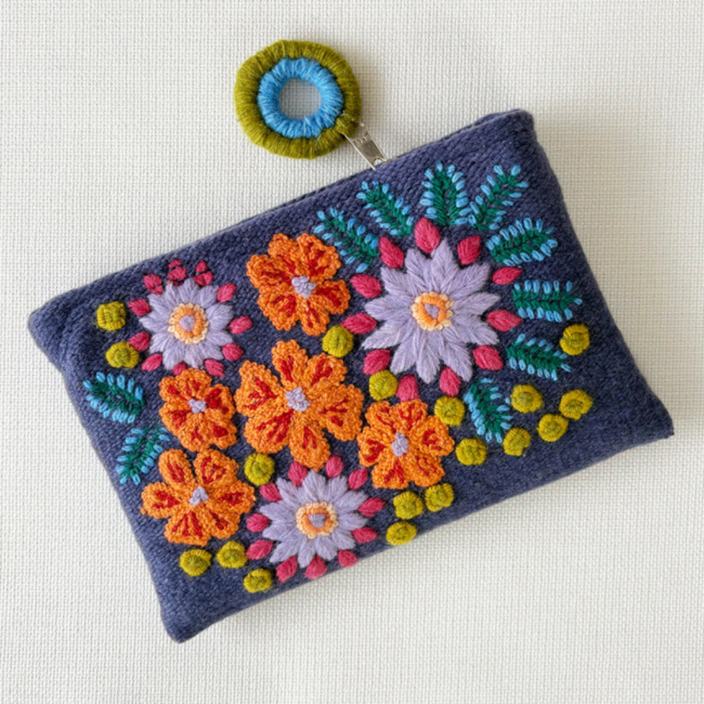 Embroidered pouch with colorful floral patterns on a white background