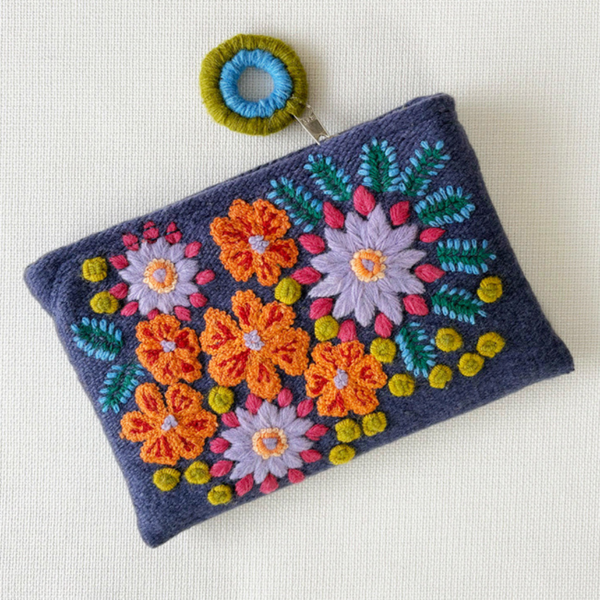 Embroidered pouch with colorful floral patterns on a white background